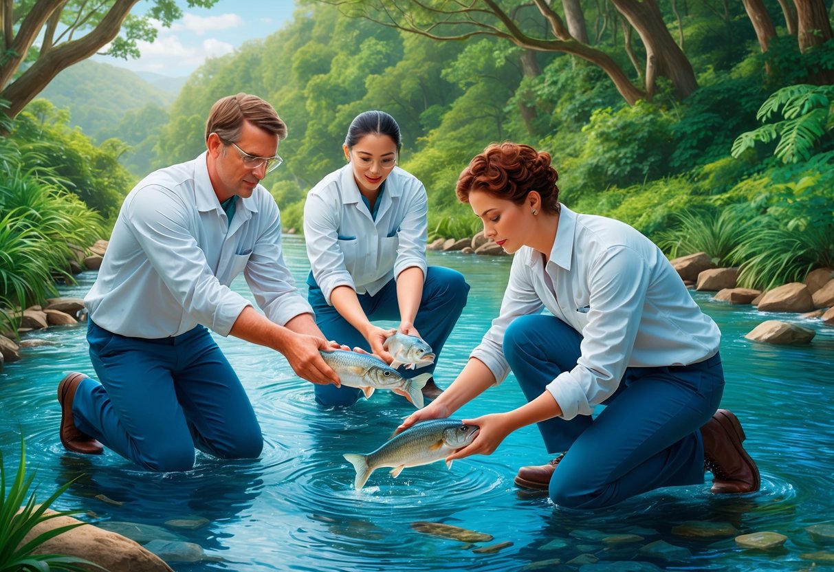 A group of scientists carefully releasing transparent fish into a crystal-clear stream, surrounded by lush greenery and flowing water