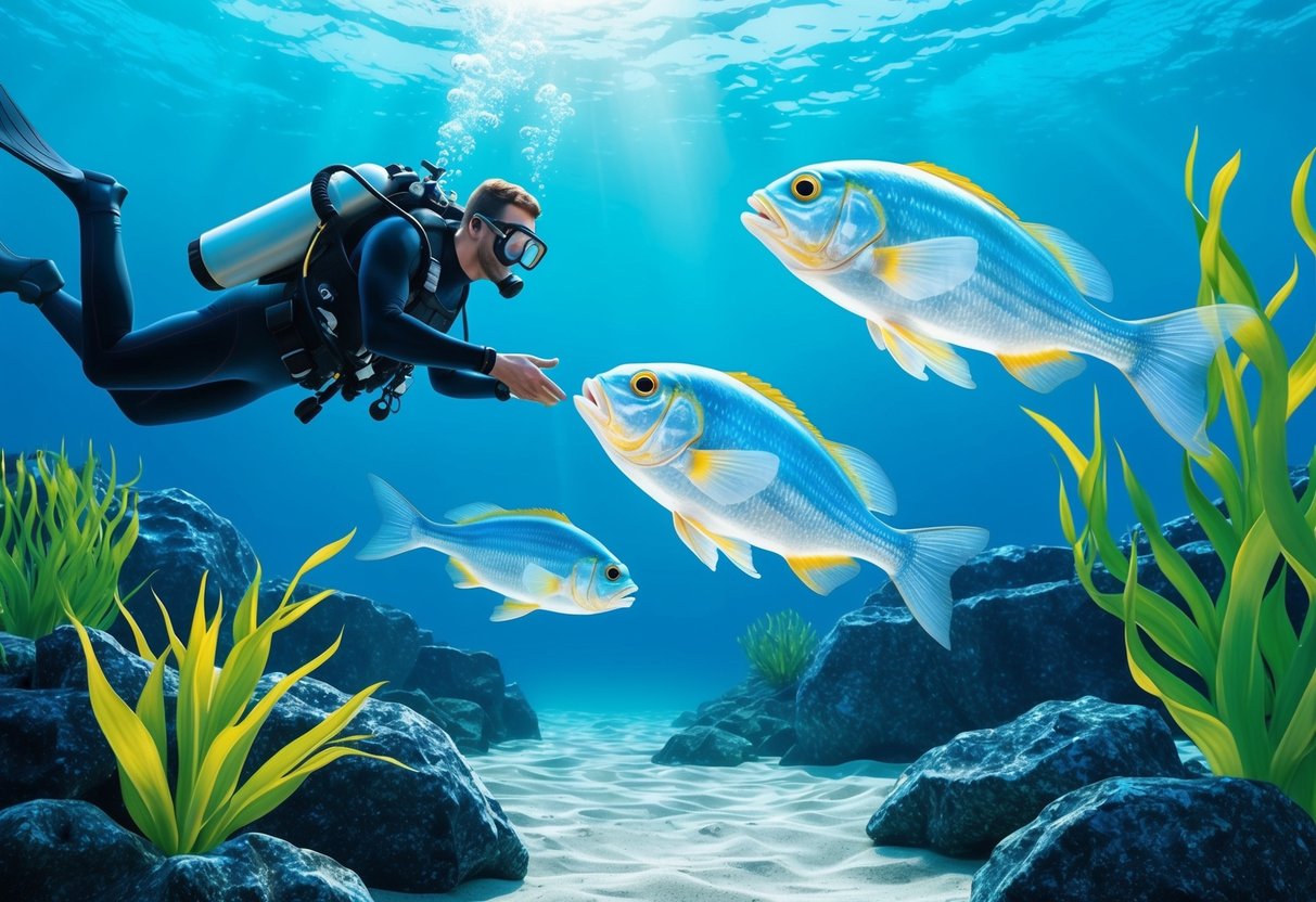 A diver observing transparent fish in a clear, sunlit underwater environment, surrounded by aquatic plants and rocks