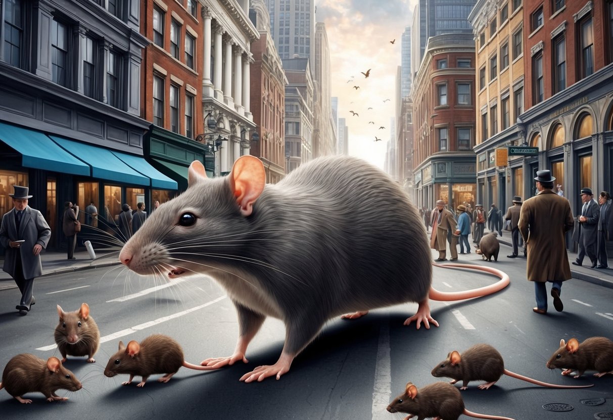 A giant rat scurries through a bustling city street, towering over the smaller rodents around it.</p><p>The buildings and people seem to shrink in comparison to this massive creature