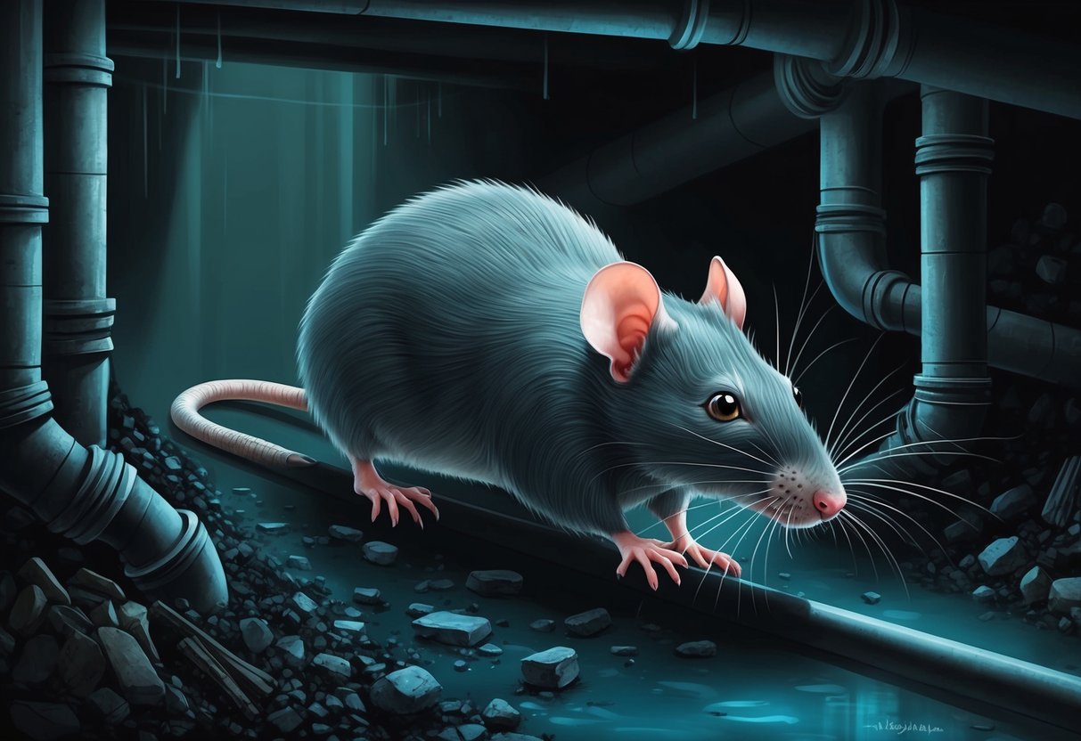 A giant rat navigating through a dark and damp underground sewer, surrounded by twisted pipes and scattered debris