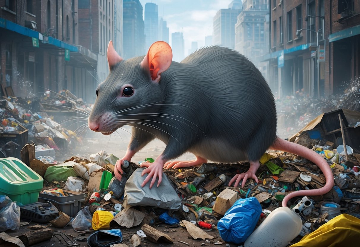 A giant rat scavenging through a trash pile, surrounded by litter and pollution from human activity