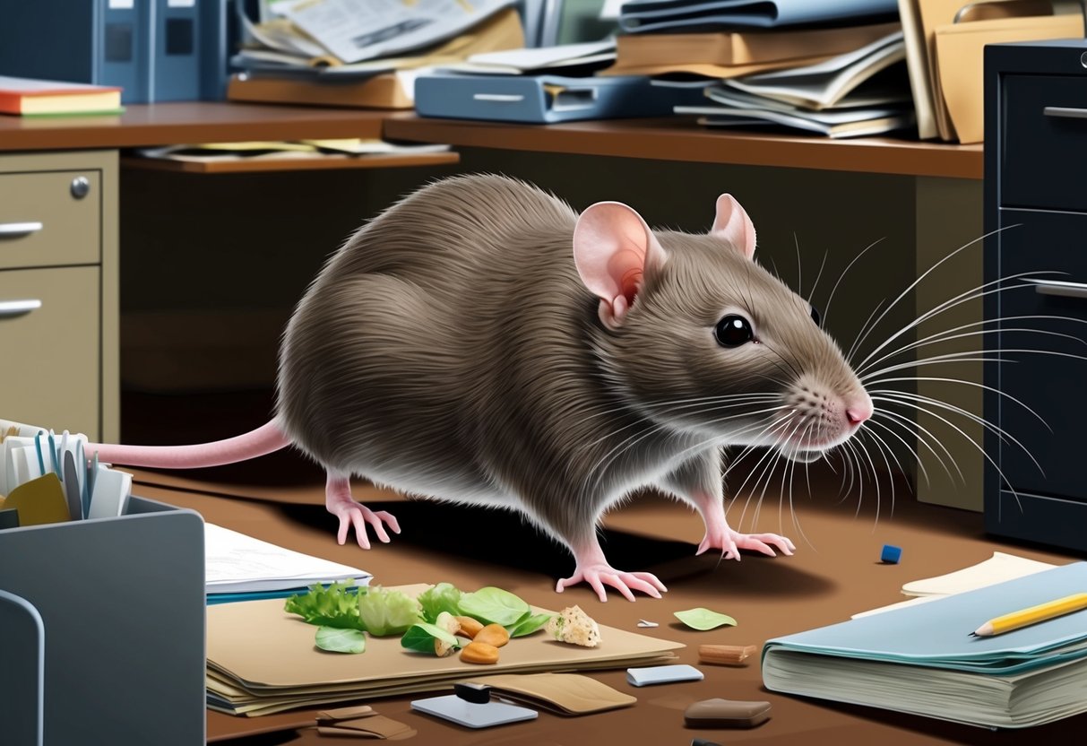 A large rat scurries through a cluttered office, its whiskers twitching as it searches for food scraps