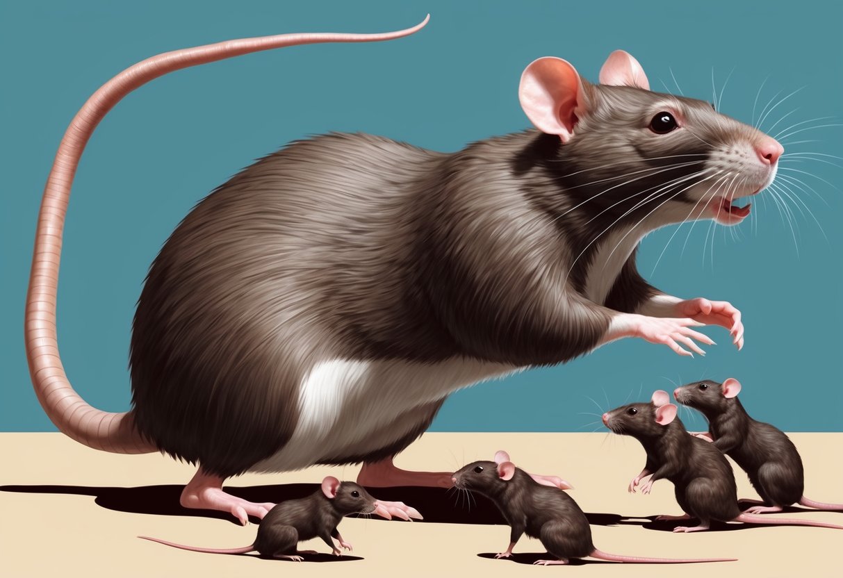 A giant rat stands tall, surrounded by smaller rats