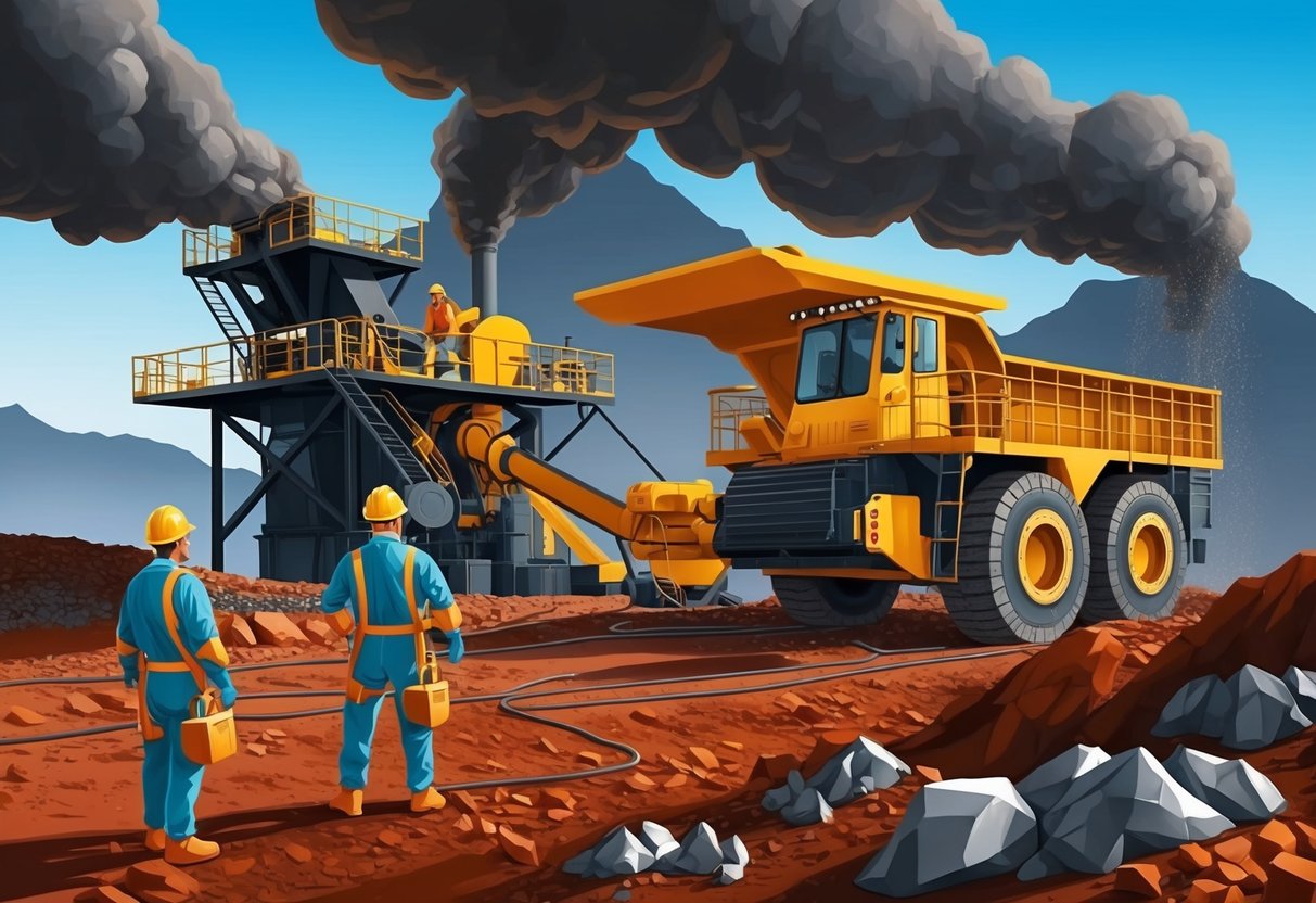 A tungsten mine with heavy machinery and workers in protective gear