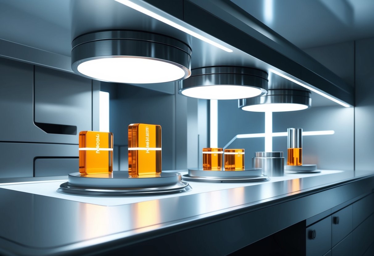 A futuristic laboratory with tungsten samples under bright, white lighting.</p><p>Sophisticated equipment and metallic surfaces create a sleek, high-tech environment