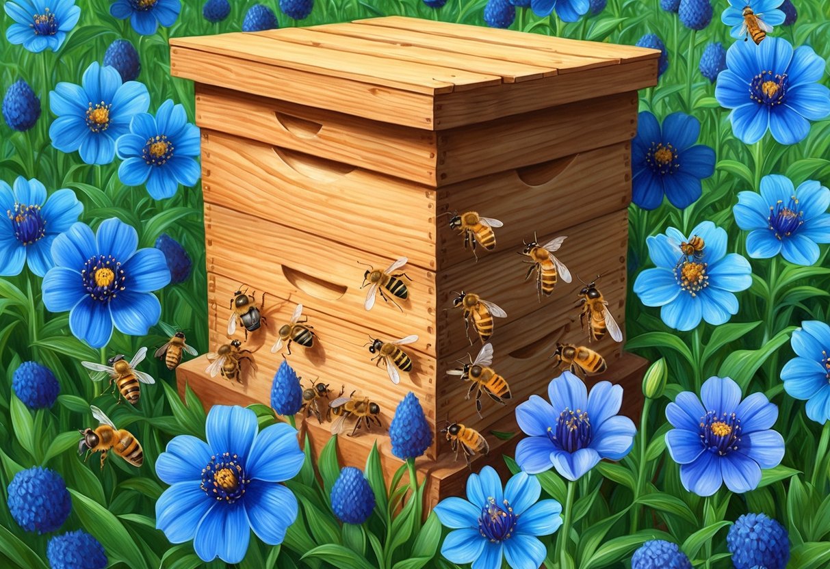 A beehive surrounded by vibrant blue flowers, with bees collecting nectar to create blue honey