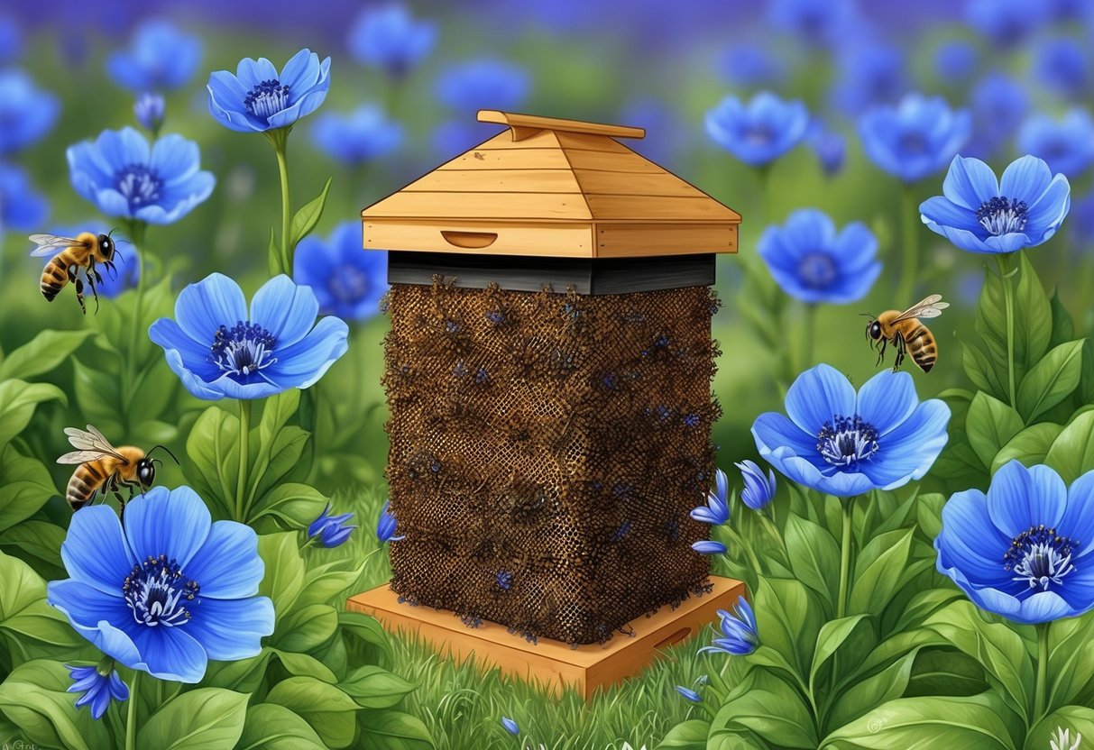 A beehive surrounded by vibrant blue flowers, with bees collecting nectar to create the rare and culturally significant blue honey