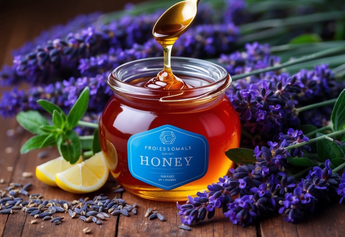 A jar of blue honey surrounded by fresh lavender and a drizzling spoon