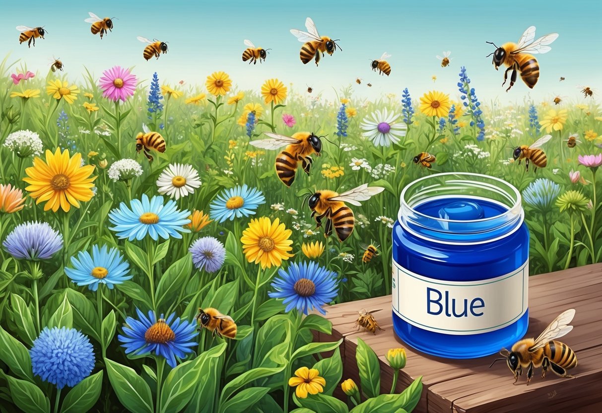 A lush field of wildflowers, bees buzzing around, collecting nectar from various blossoms.</p><p>A jar of blue honey sits nearby, showcasing the unique influence of different honey varieties