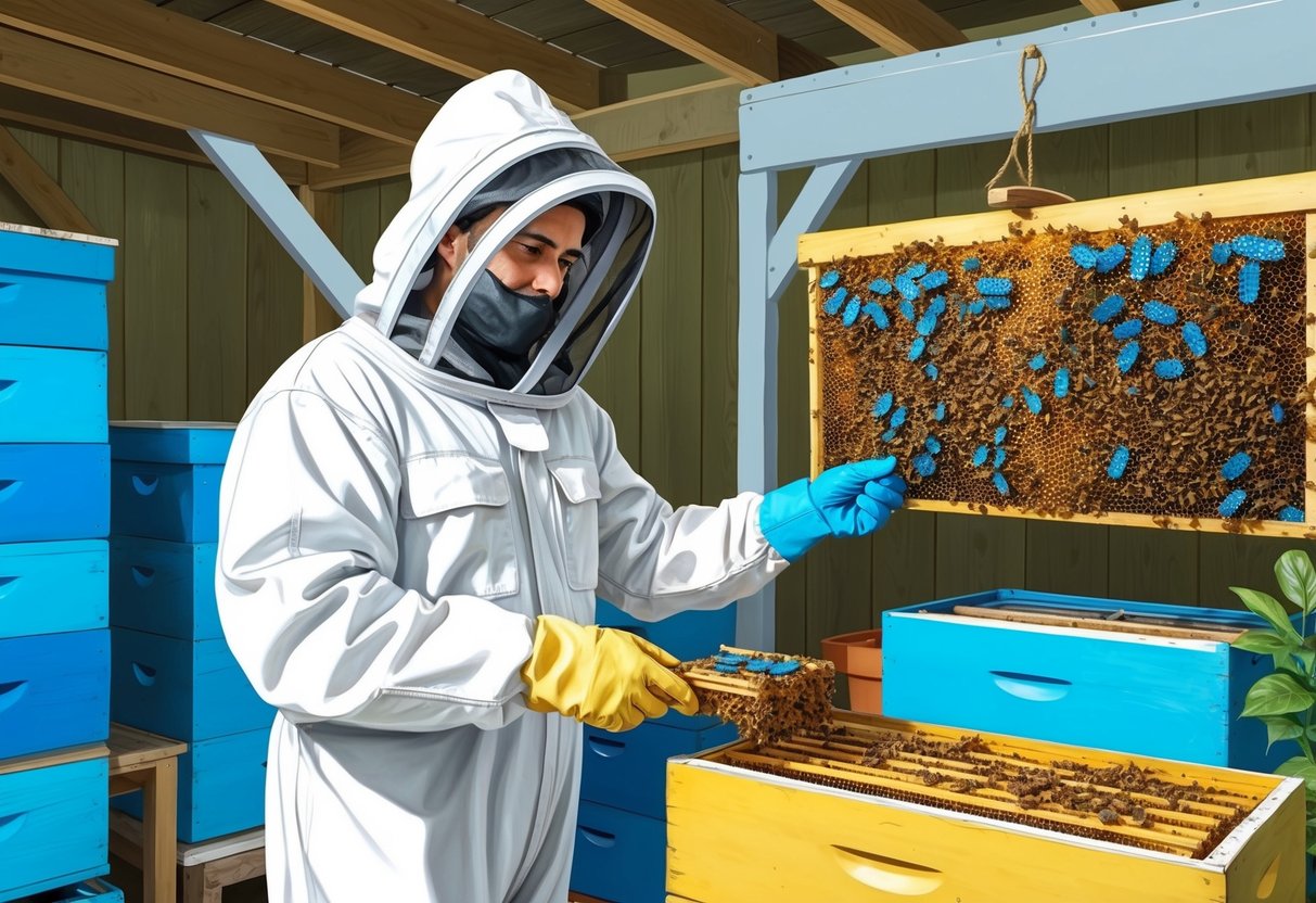 A beekeeper in a protective suit inspecting blue-colored honeycombs in a well-ventilated and sanitized apiary