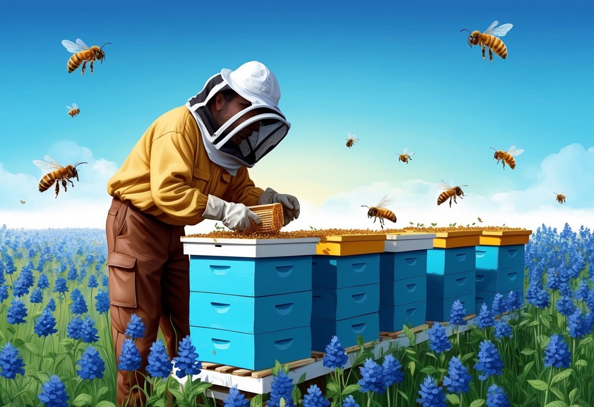 A beekeeper in a field of blue flowers, collecting honey from blue beehives with a serene blue sky in the background