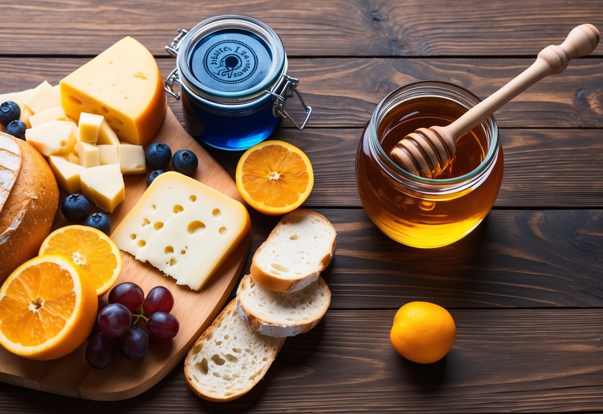 A wooden table with a spread of cheese, fruit, and bread, accompanied by a jar of blue honey and a small honey dipper