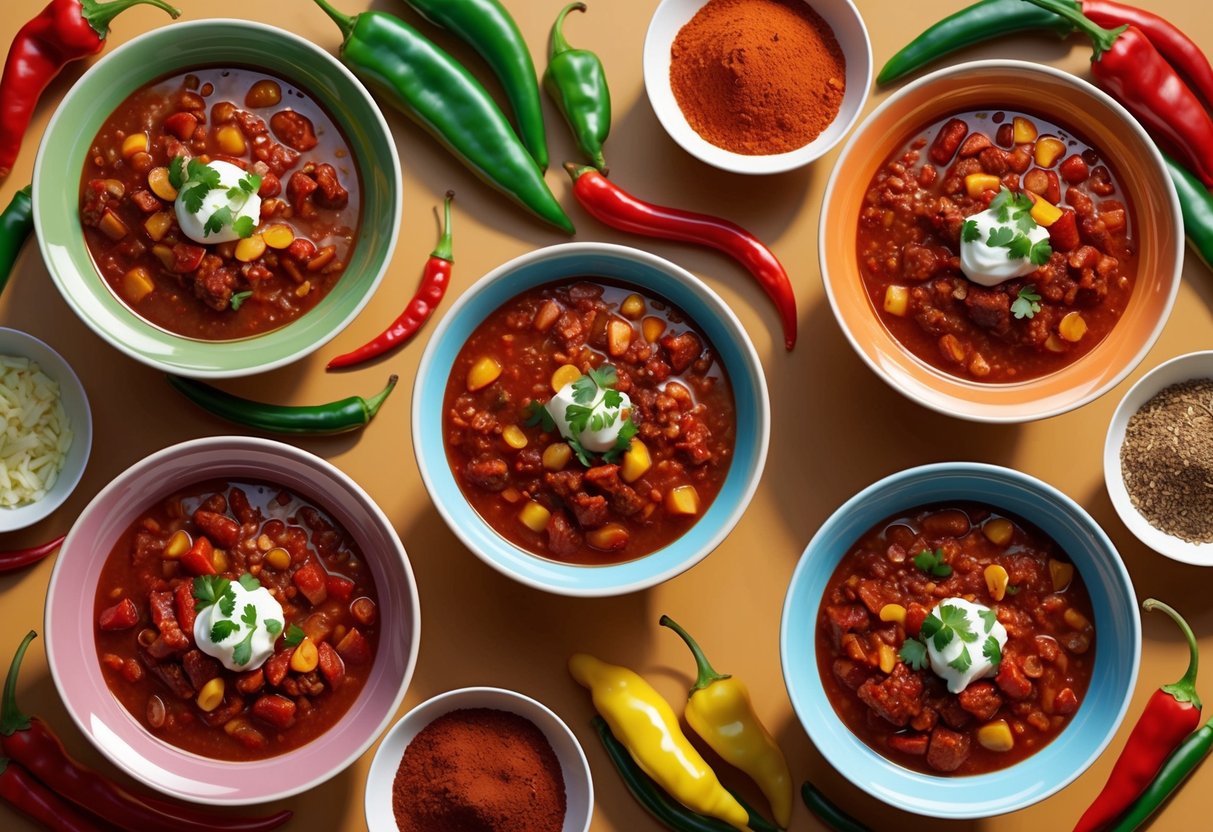 A table with bowls of chili in different colors and sizes, surrounded by various chili peppers and spices