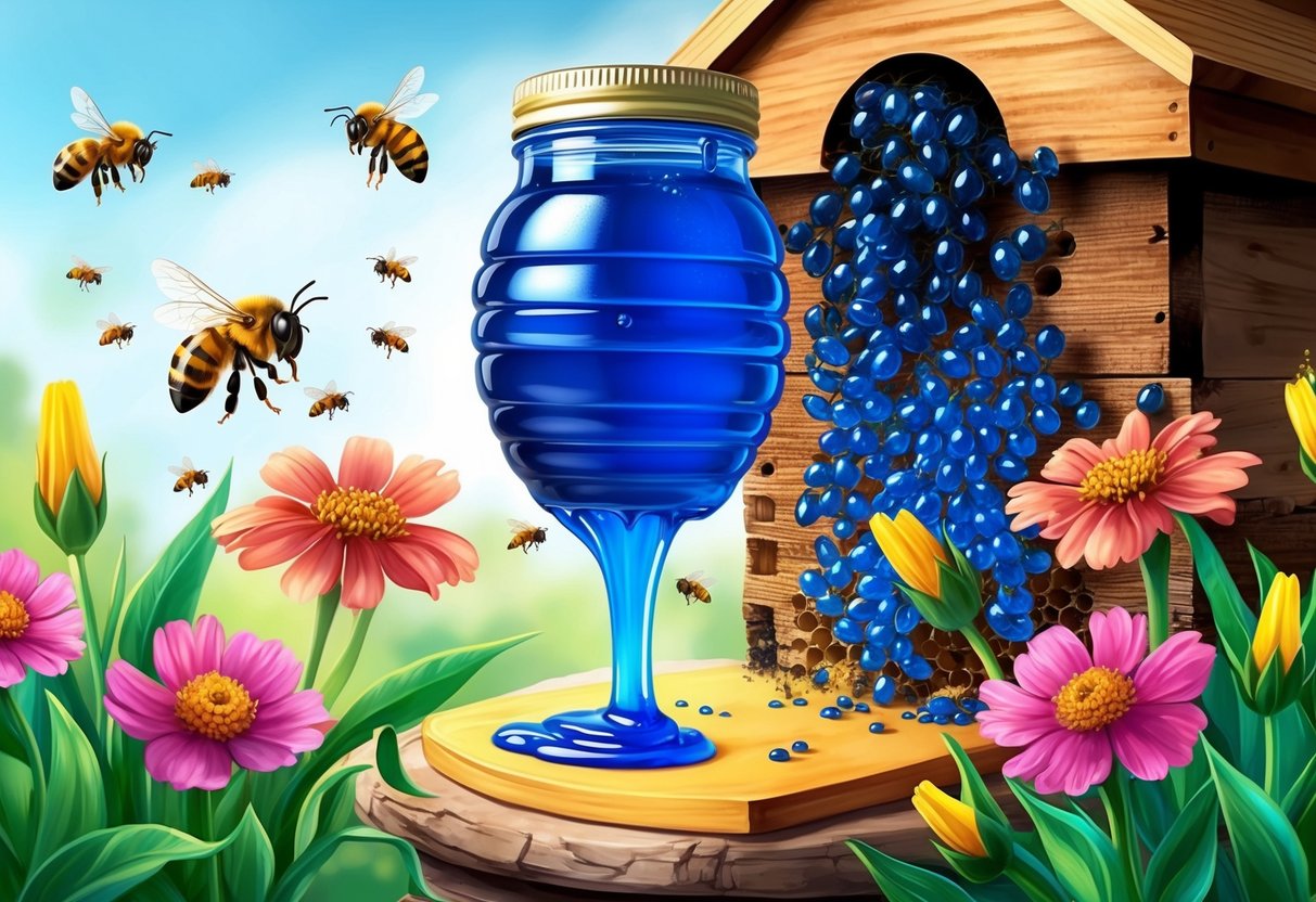 A jar of blue honey dripping from a beehive surrounded by vibrant flowers and buzzing bees