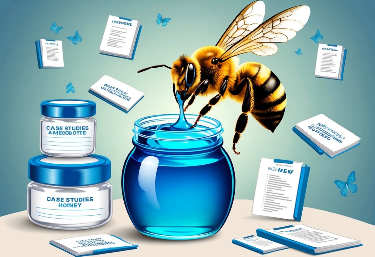 A bee hovering over a jar of blue honey, with a backdrop of various case studies and anecdotes scattered around