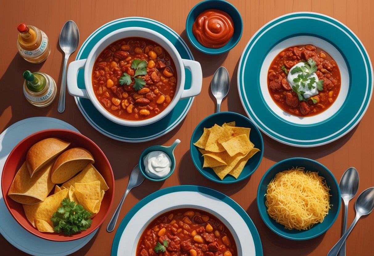 A table set with various side dishes and condiments next to a bowl of steaming chili