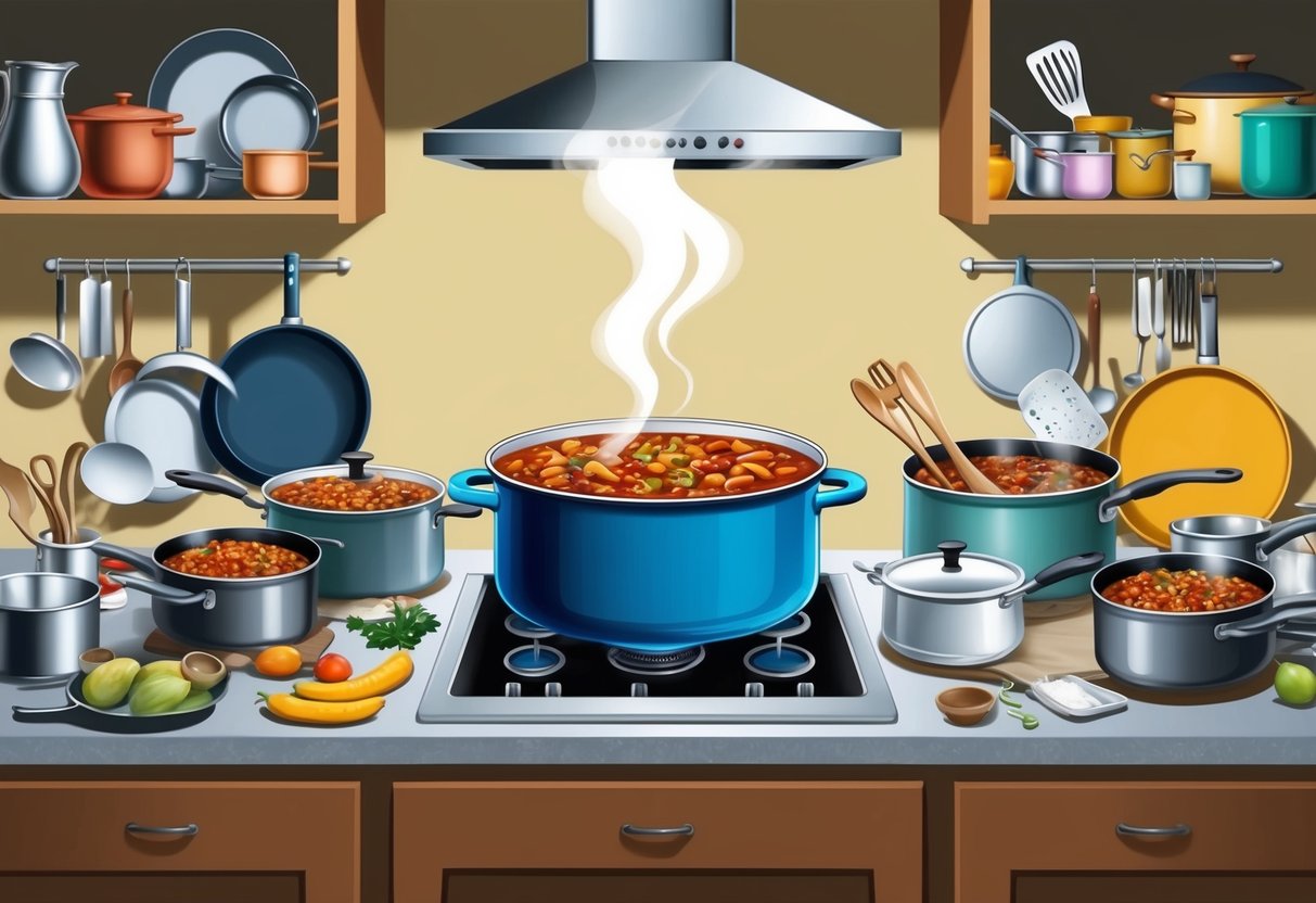 A cluttered kitchen counter with pots, pans, and various cooking utensils scattered around, a steaming pot of chili simmering on the stove