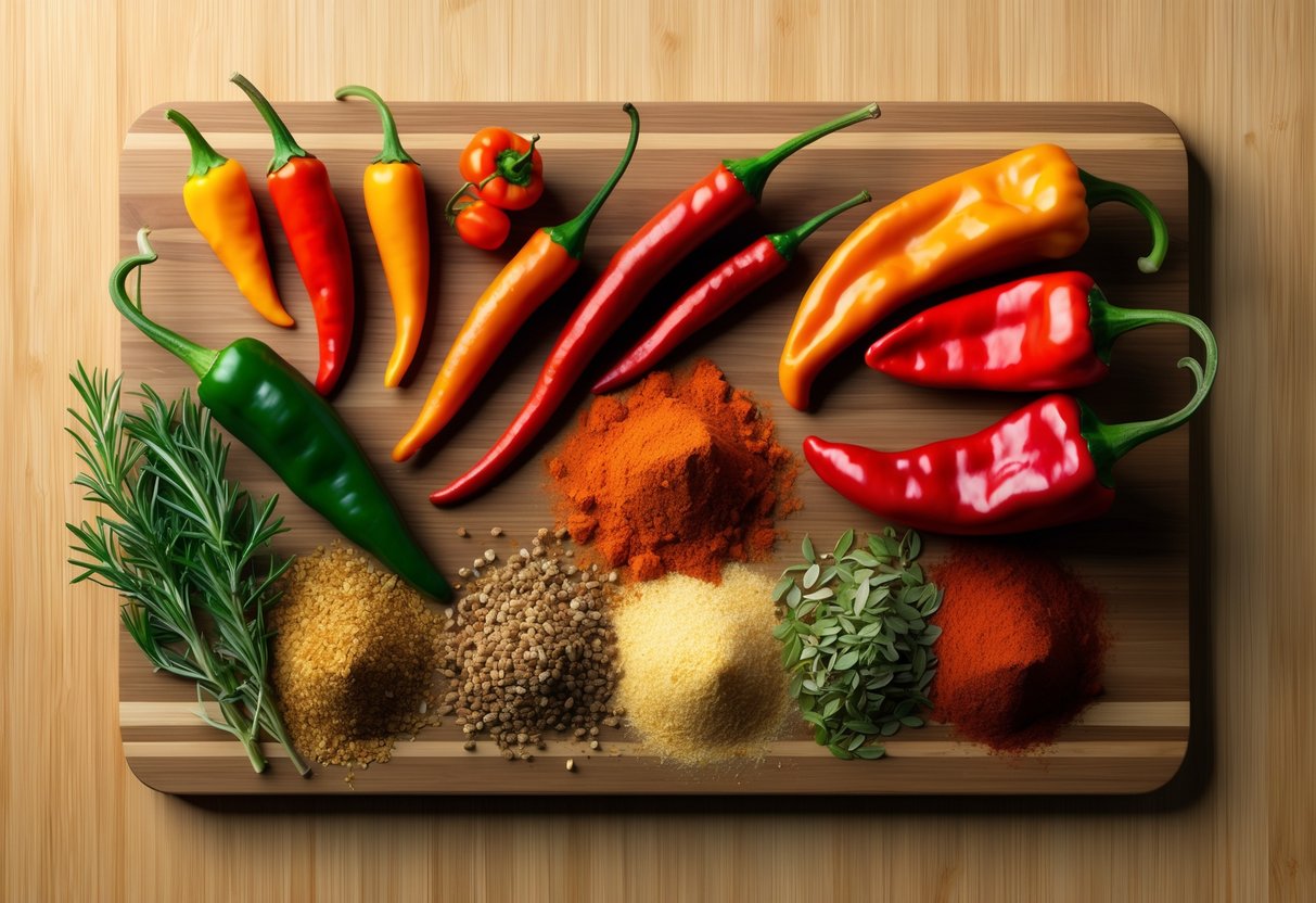 A variety of chili peppers, spices, and herbs arranged on a wooden cutting board, ready to be mixed and customized