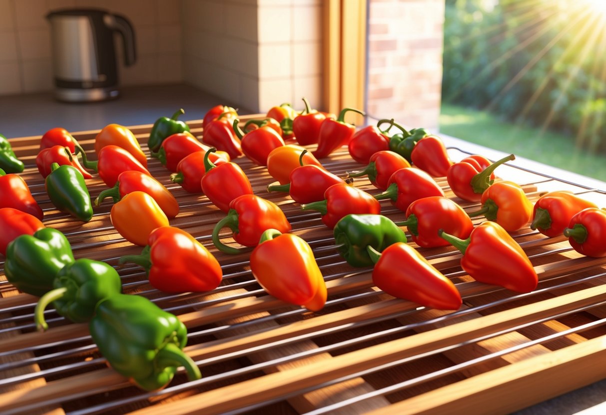 Freshly picked chili peppers being carefully arranged in rows on a wooden drying rack, bathed in warm sunlight streaming through a kitchen window