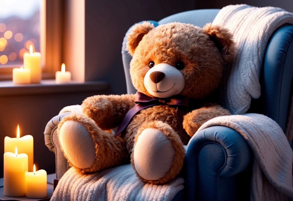 A teddy bear sits on a cozy armchair, surrounded by soft blankets and glowing candles.</p><p>Its gentle smile and warm embrace exude comfort and affection