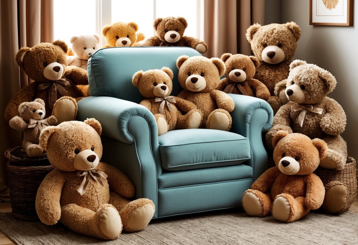 A cozy armchair surrounded by teddy bears of various sizes, colors, and textures, creating a comforting and inviting atmosphere