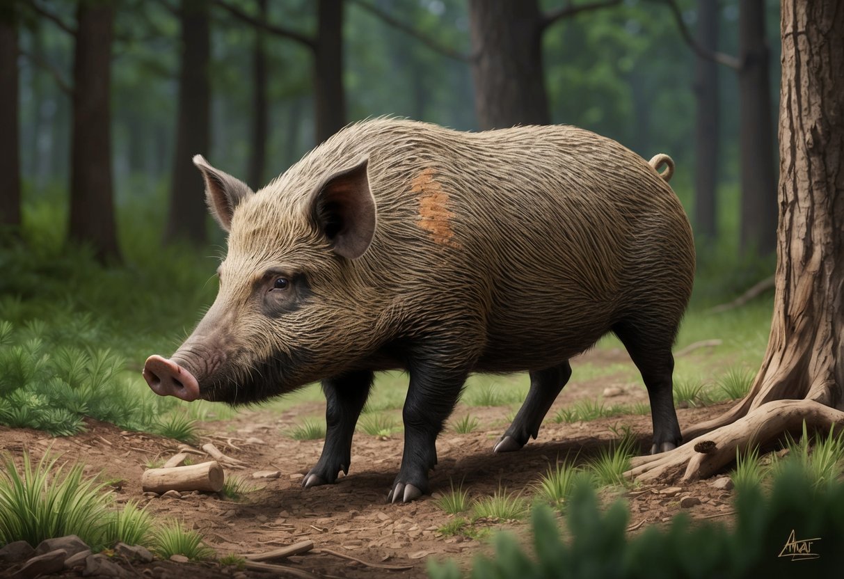 A wild boar forages in a forest, appearing healthy but with visible signs of disease on its skin