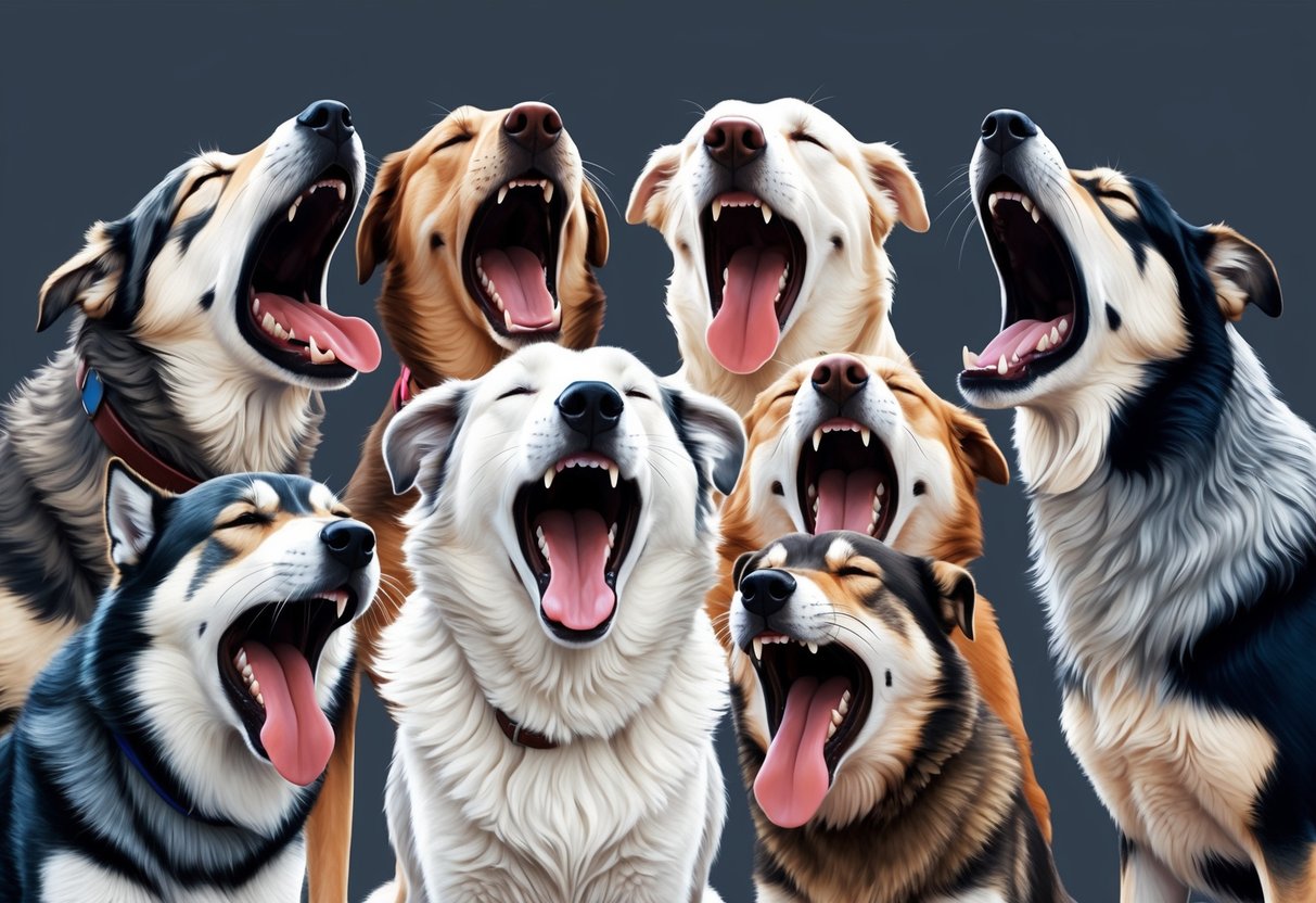 A group of animals, such as dogs or wolves, yawning in unison, conveying a sense of social bonding and empathy