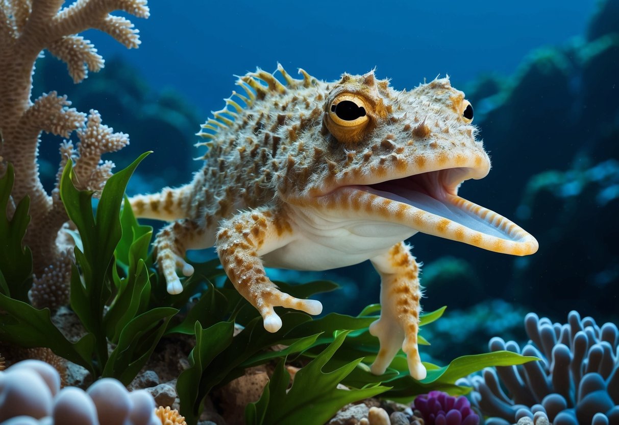 A hairy frogfish camouflaged among coral and seaweed, waiting to ambush prey with its extendable mouth