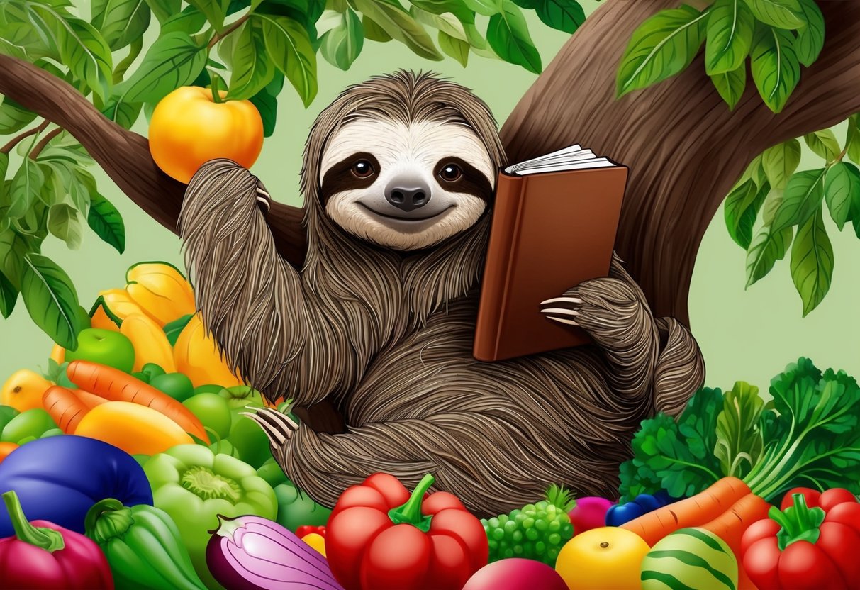 A sloth lounges in a tree, surrounded by colorful fruits and vegetables.</p><p>It holds a book on nutrition, looking thoughtful