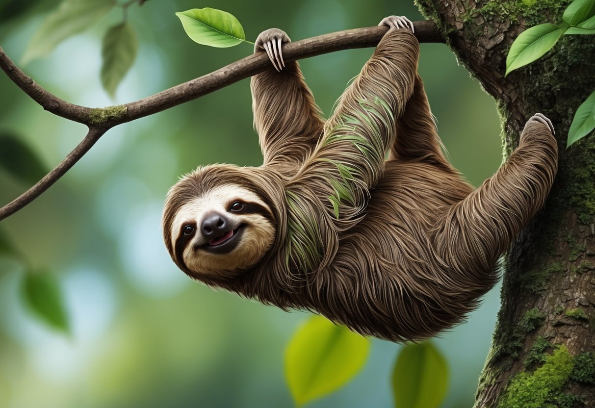 A sloth hangs upside down from a tree, munching on leaves while keeping a watchful eye on its surroundings