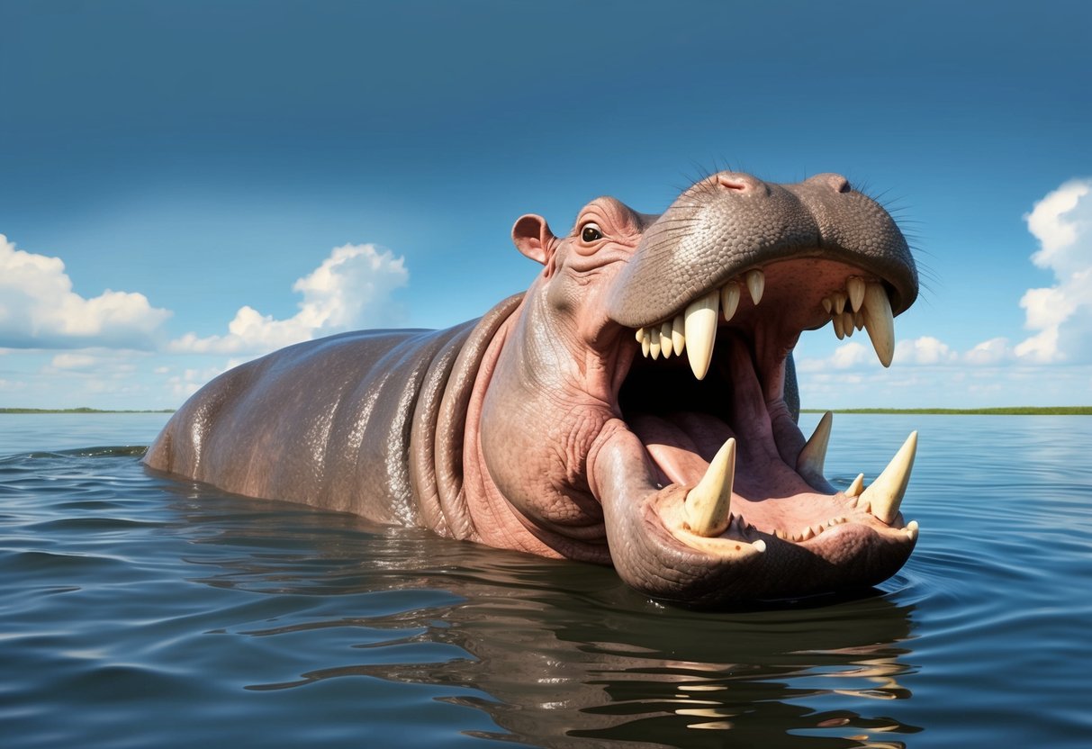 A massive hippo wades through murky water, its thick, gray skin glistening in the sunlight as it opens its massive jaw to reveal rows of sharp teeth