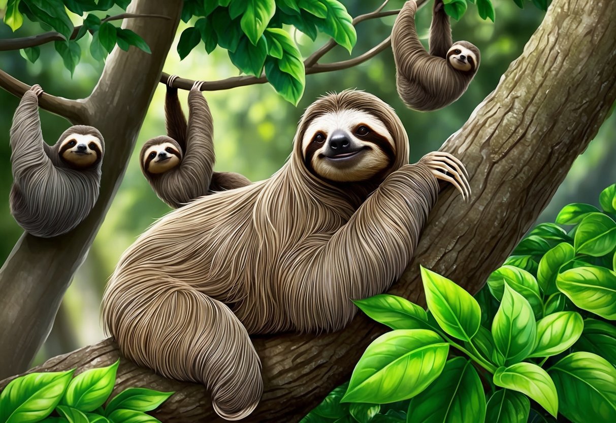 A sloth rests in a tree, surrounded by lush green foliage.</p><p>Other sloths can be seen hanging lazily from branches in the background