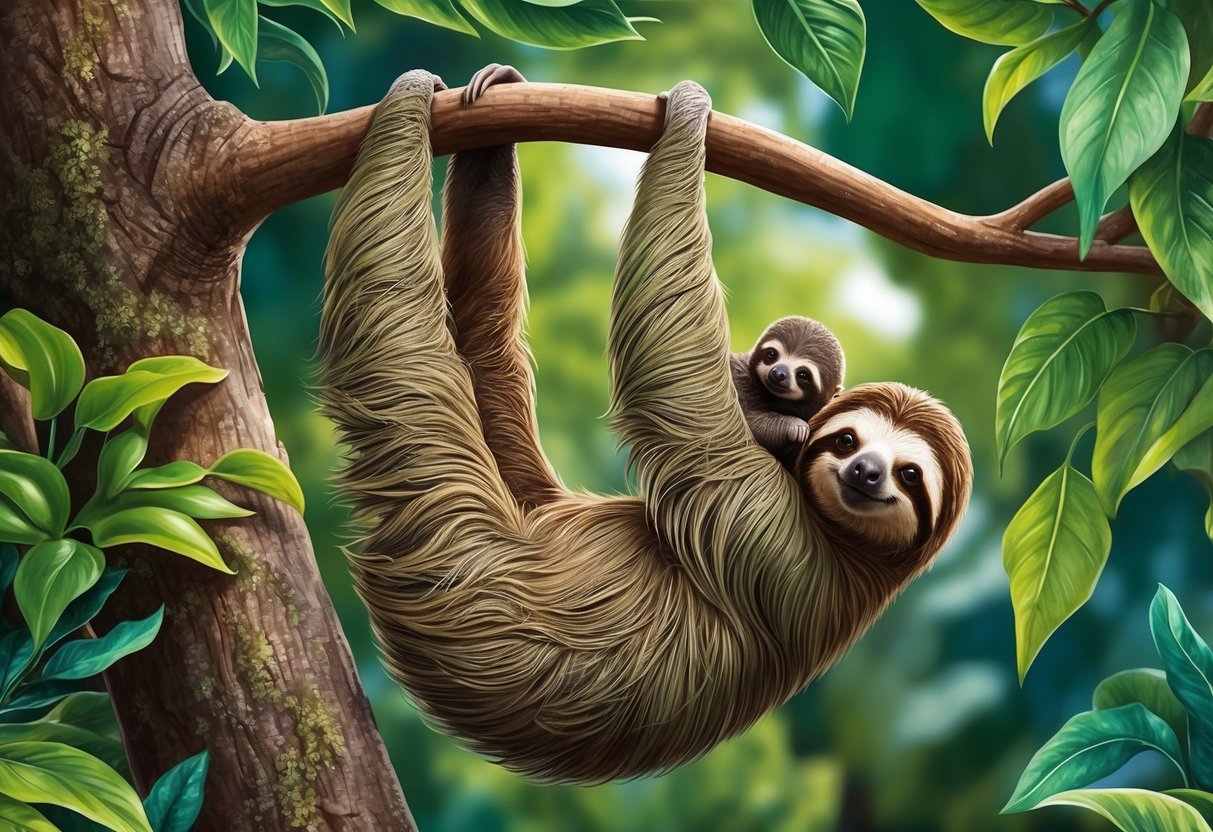 A sloth hanging from a tree, surrounded by lush foliage, with a baby sloth clinging to its back