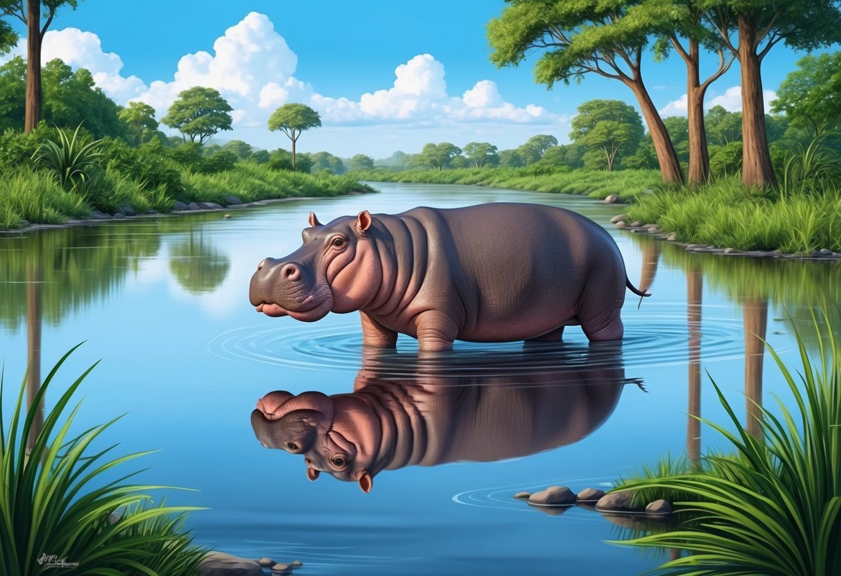 A hippo stands in a shallow river, surrounded by lush green vegetation and tall trees.</p><p>The water is calm, reflecting the blue sky above