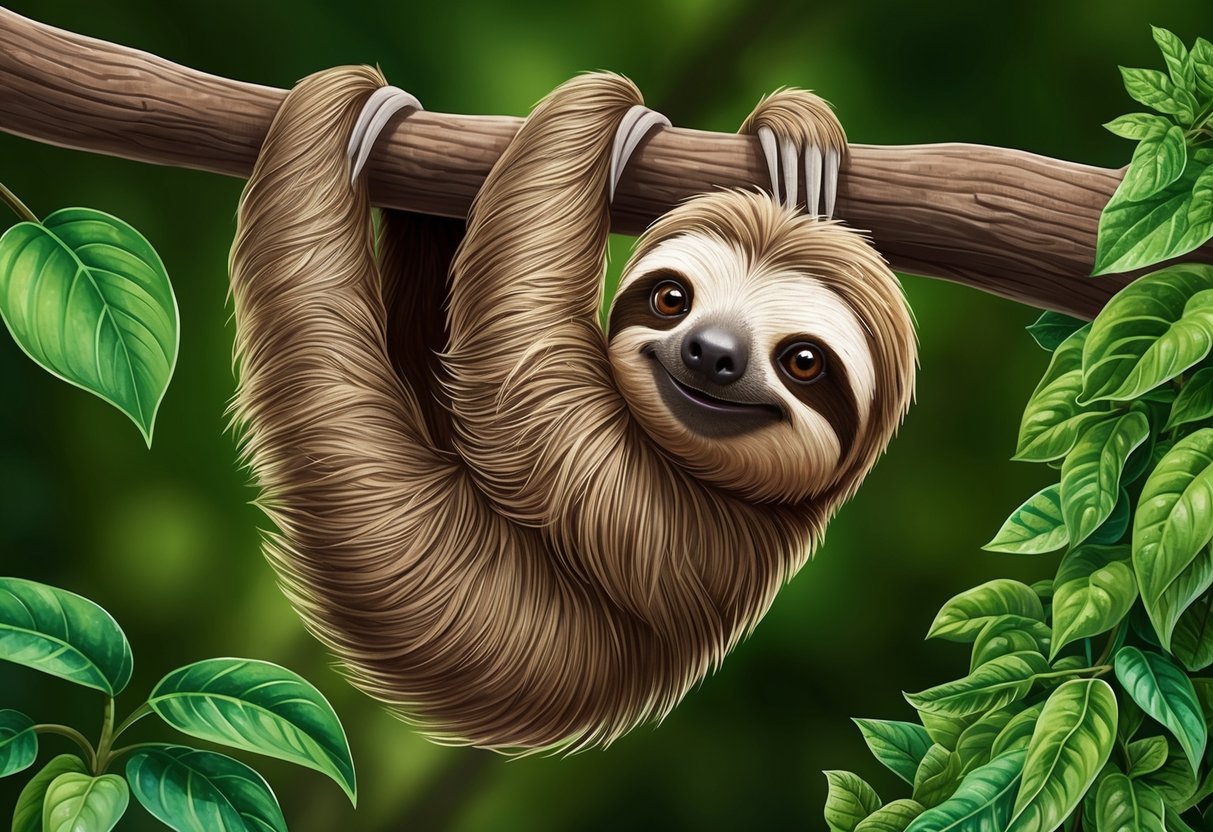 A sloth with large, intelligent eyes, hanging upside down from a tree branch, surrounded by lush green foliage