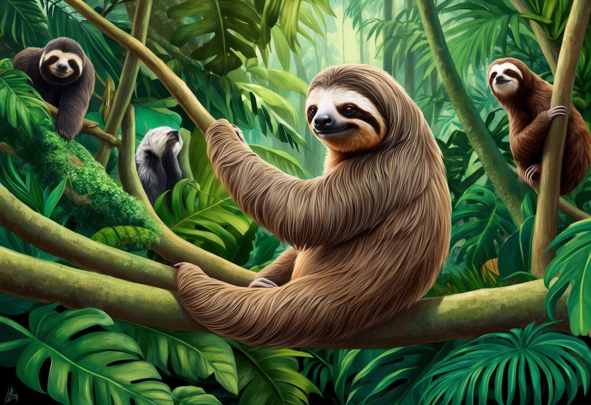 A sloth perched in a lush rainforest, surrounded by endangered species and deforestation