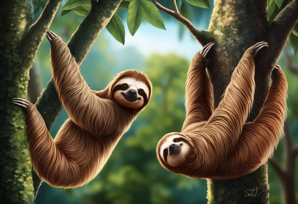 Sloths lounging in trees, one reaching out to another