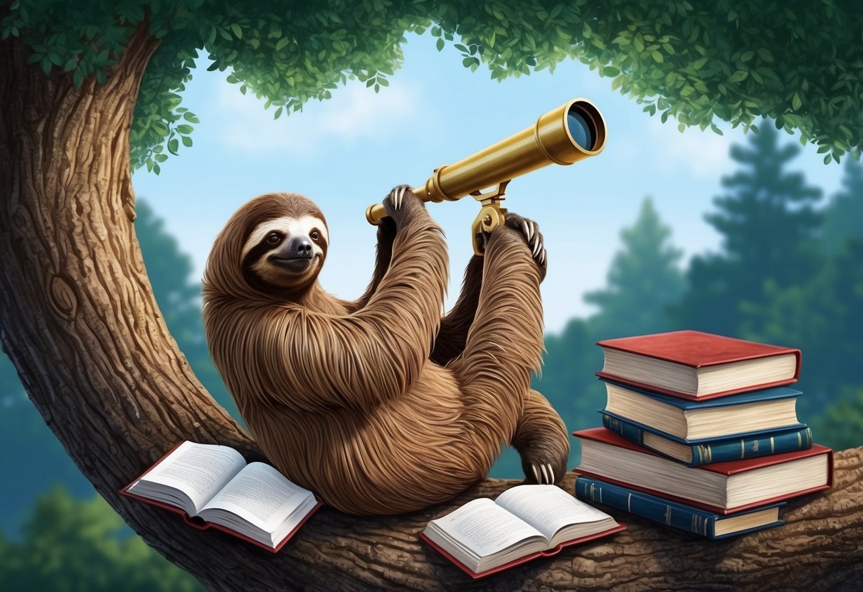 A sloth perched in a tree, surrounded by books and a telescope, pondering the question of its intelligence