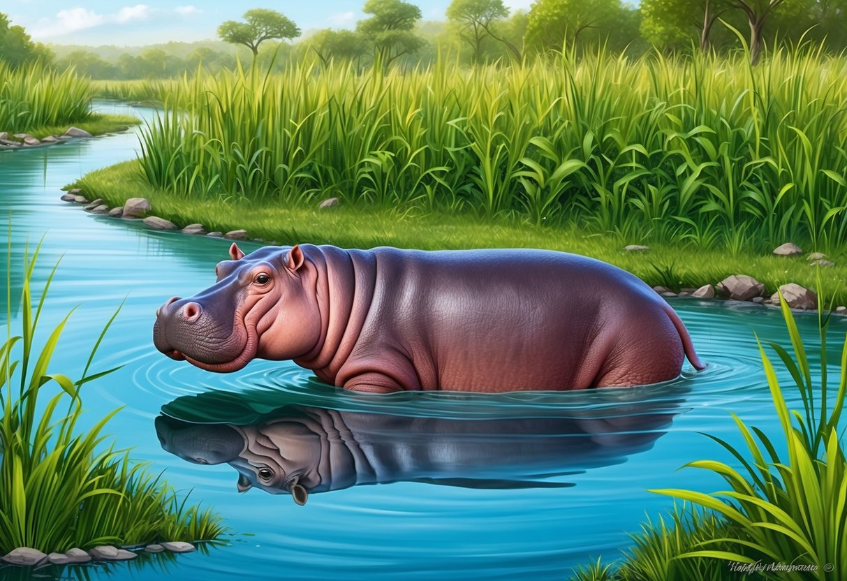 A hippo wading in a river surrounded by lush green vegetation and tall grasses