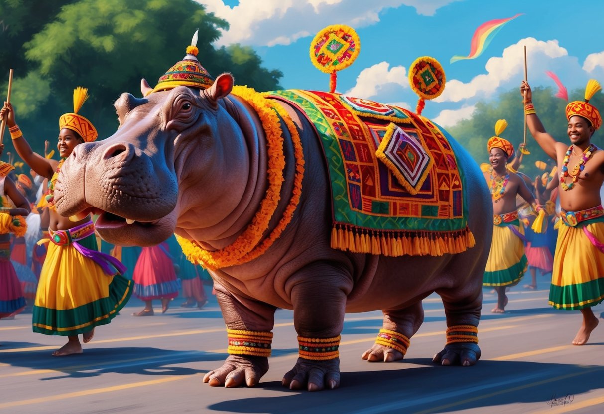 A hippo adorned with traditional cultural symbols dances in a vibrant parade