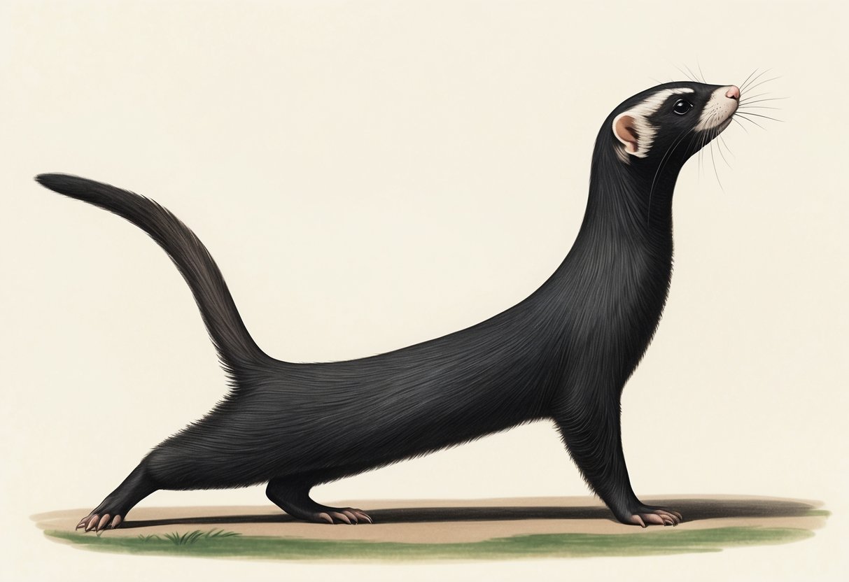 A black-footed ferret stands on its hind legs, sniffing the air with its long, slender body and distinctive black mask