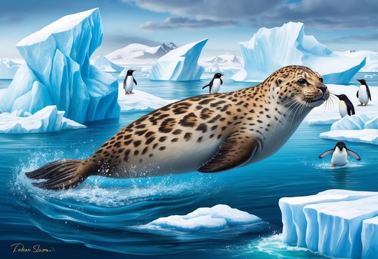 A leopard seal swimming in frigid Antarctic waters, surrounded by icebergs and penguins