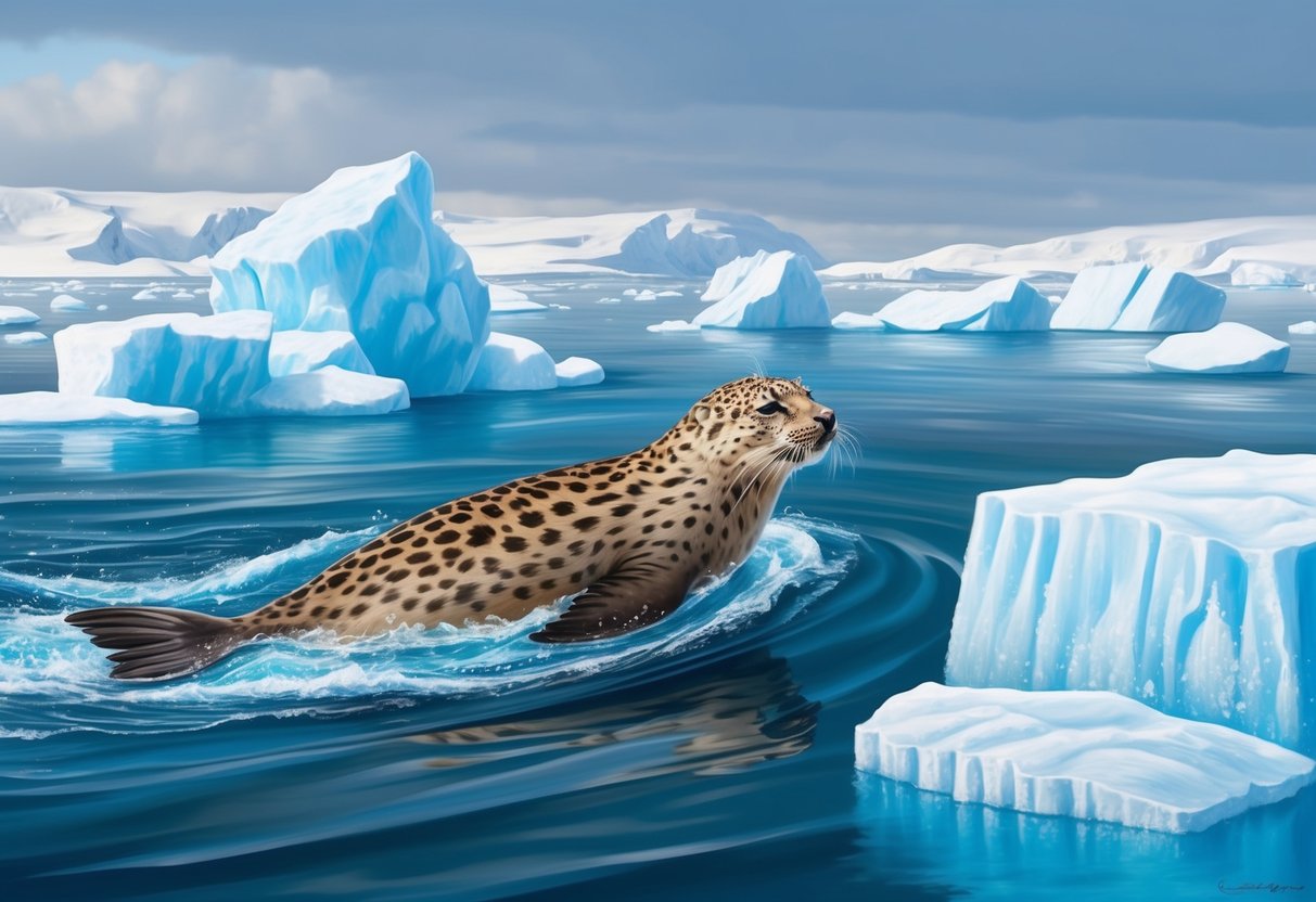 A leopard seal swims gracefully through the icy waters of Antarctica, surrounded by floating chunks of sea ice