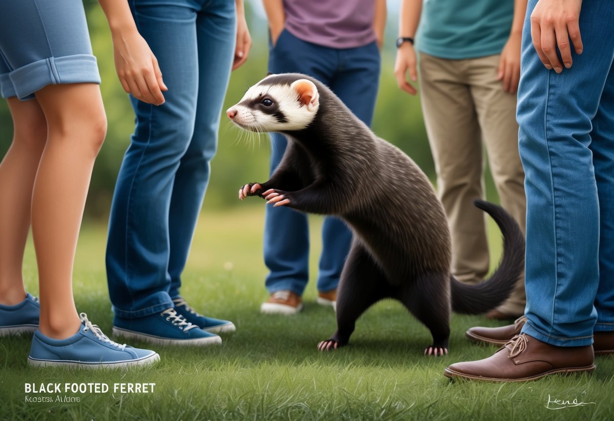 A black-footed ferret playfully interacts with a group of humans, sniffing and nuzzling their legs while they observe and admire the rare creature