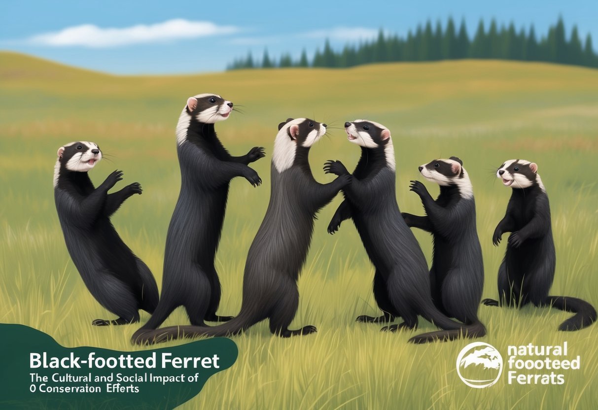 A group of black-footed ferrets playfully interact with each other in their natural grassland habitat, showcasing the cultural and social impact of their conservation efforts