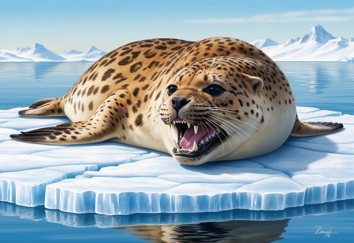 A leopard seal basking on an ice floe, its sleek body and large head with powerful jaws and sharp teeth clearly visible