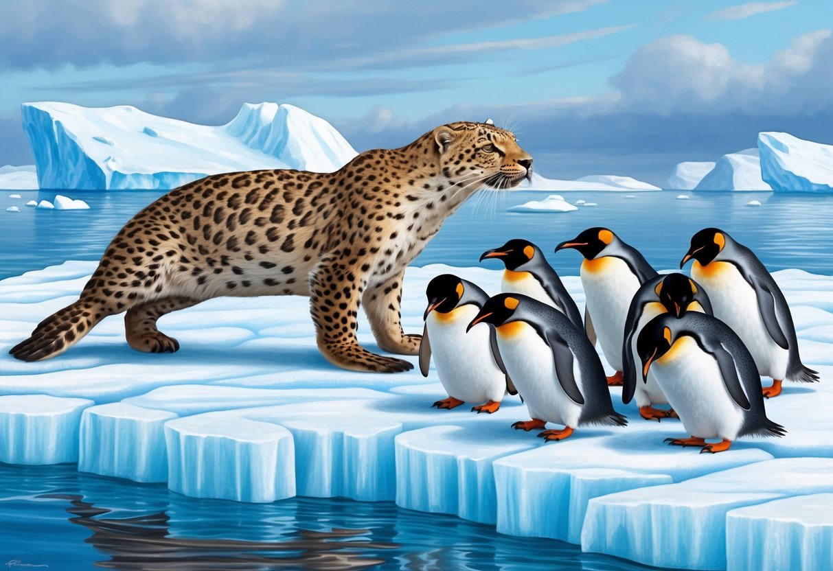 A leopard seal patrols its icy domain, surrounded by a group of penguins huddled nervously on the edge of an ice floe