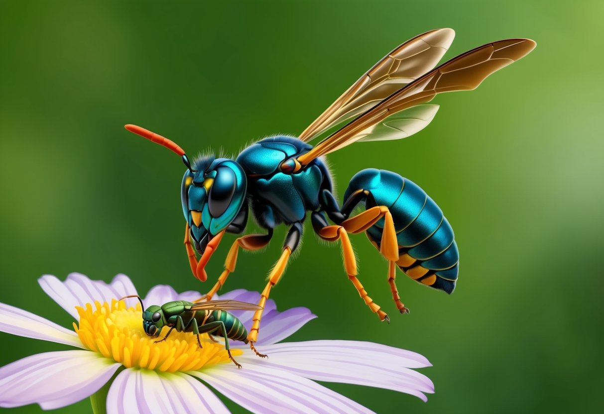 A jewel wasp hovers near a flower, its metallic blue body glinting in the sunlight.</p><p>A smaller insect lies motionless nearby