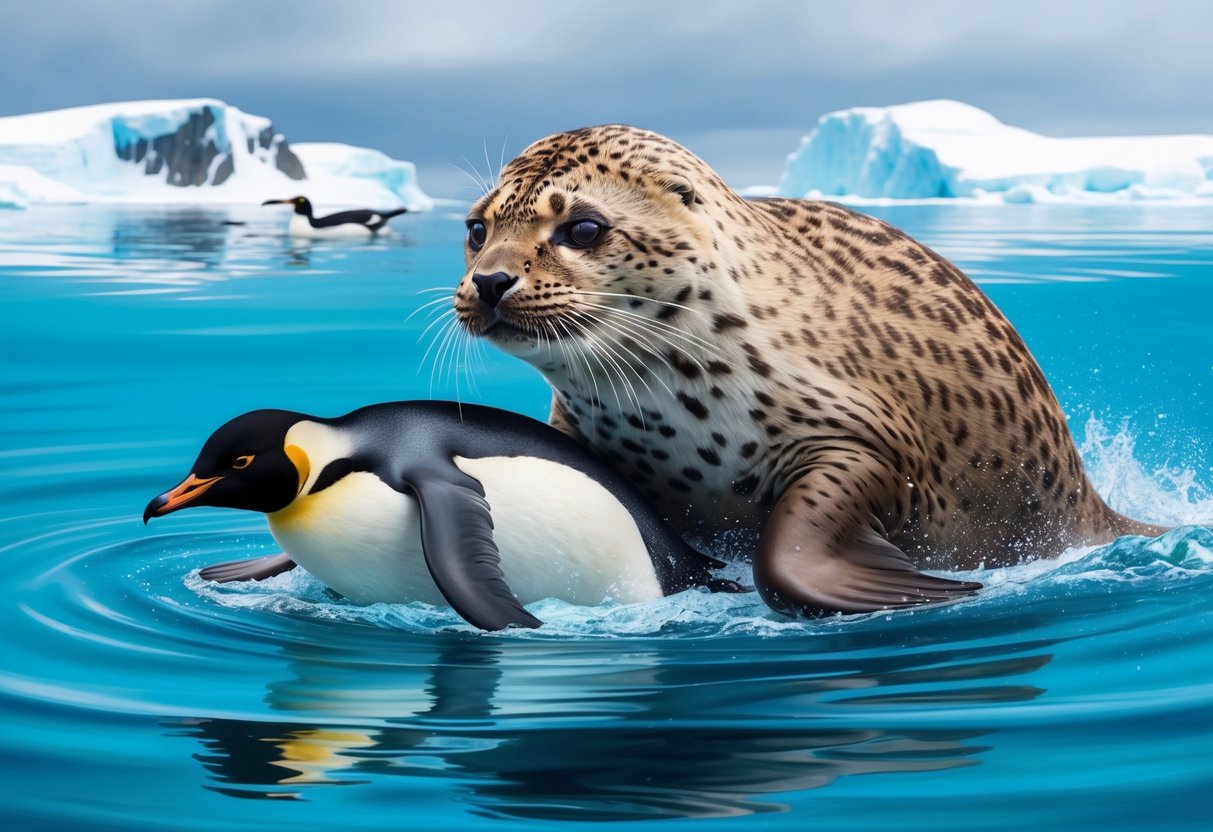 A leopard seal hunts a penguin in the frigid waters of Antarctica, showcasing its role as a top predator in the marine ecosystem