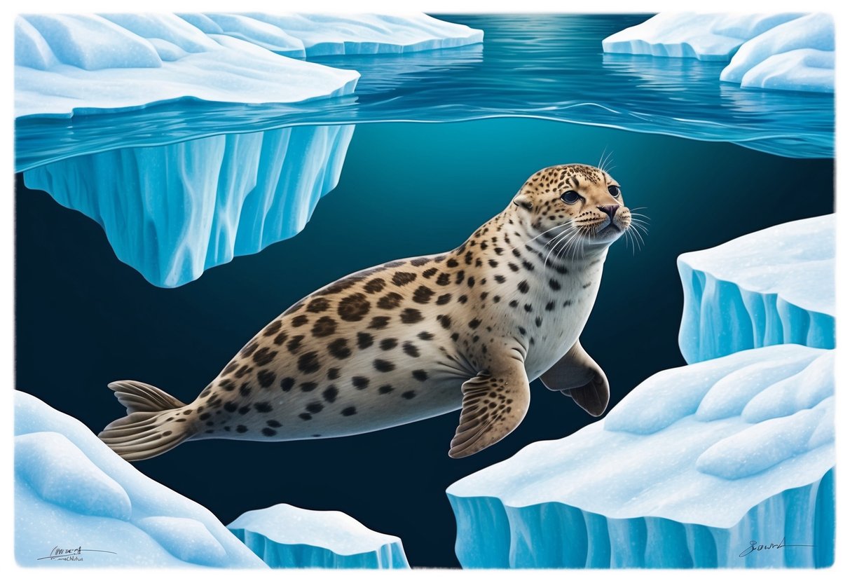 A leopard seal swimming among ice floes, with dark ocean water visible beneath